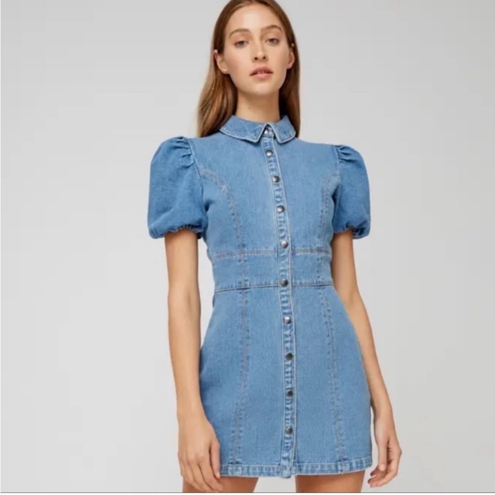 Brand New The Fifth Label Denim Jean Dress Puff Sleeve Button Front Blue Mini - Picture 16 of 16